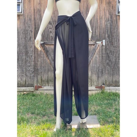 Black Wrap Pants, Summer Beach Pants, Wide Leg Pants, Loose Fit Side Slit Pants - Picture 3 of 6